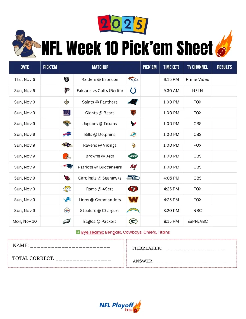 NFL 2025 Week 10 Schedule: Game Times and Matchups