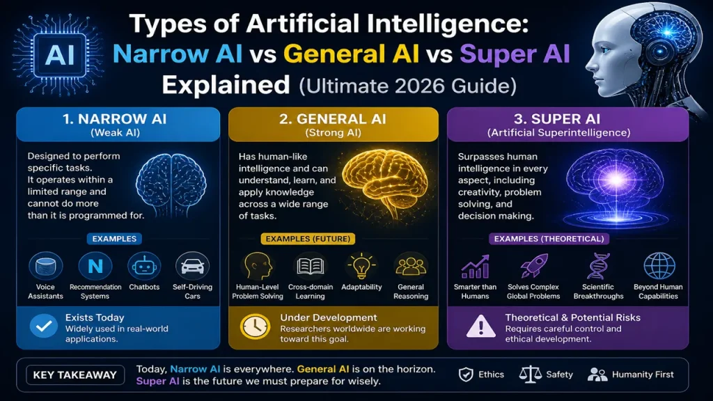 Types of Artificial Intelligence Narrow AI vs General AI vs Super AI Explained (Ultimate 2026 Guide)
